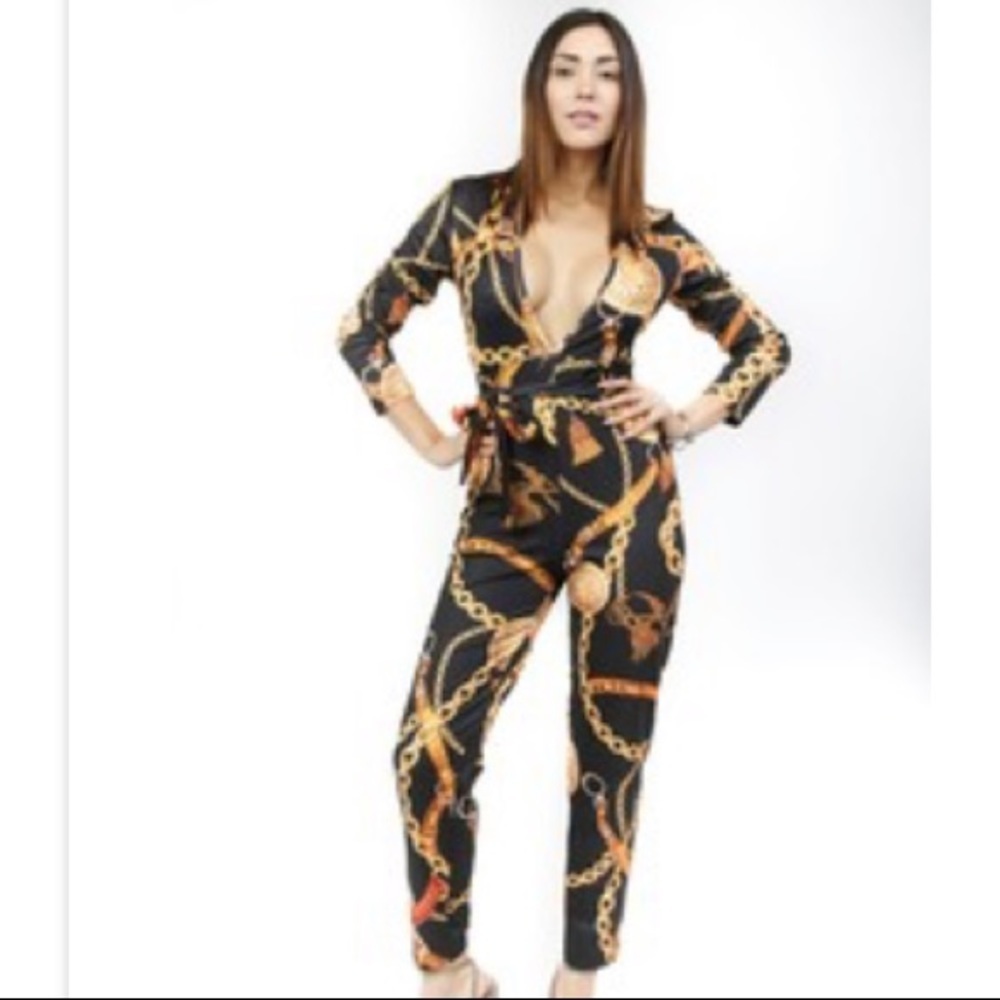 Black Gold Chain Print Jumpsuit Jumper Outfit - Picture 2 of 6